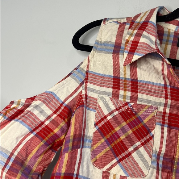 NWT Harley Davidson Women's Red and White Plaid Cold Shoulder Button Down Shirt - Picture 3 of 7